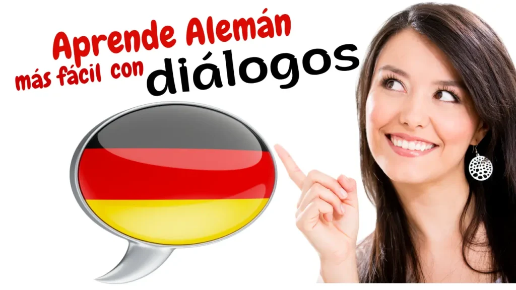 mujer señalando burbuja con bandera alemana para señalar el texto "Aprende Alemán con diálogos"