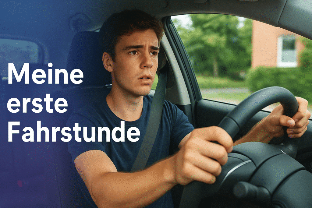 un joven en el coche y el texto "meine erste Fahrstunde"