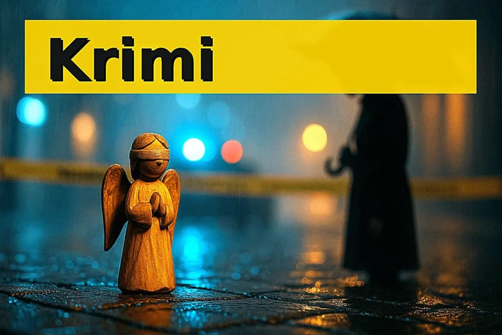 imagen desenfocada de una calle con precinto de policia. el titulo Krimi con fondo amarillo, y se ve un ángel de madera