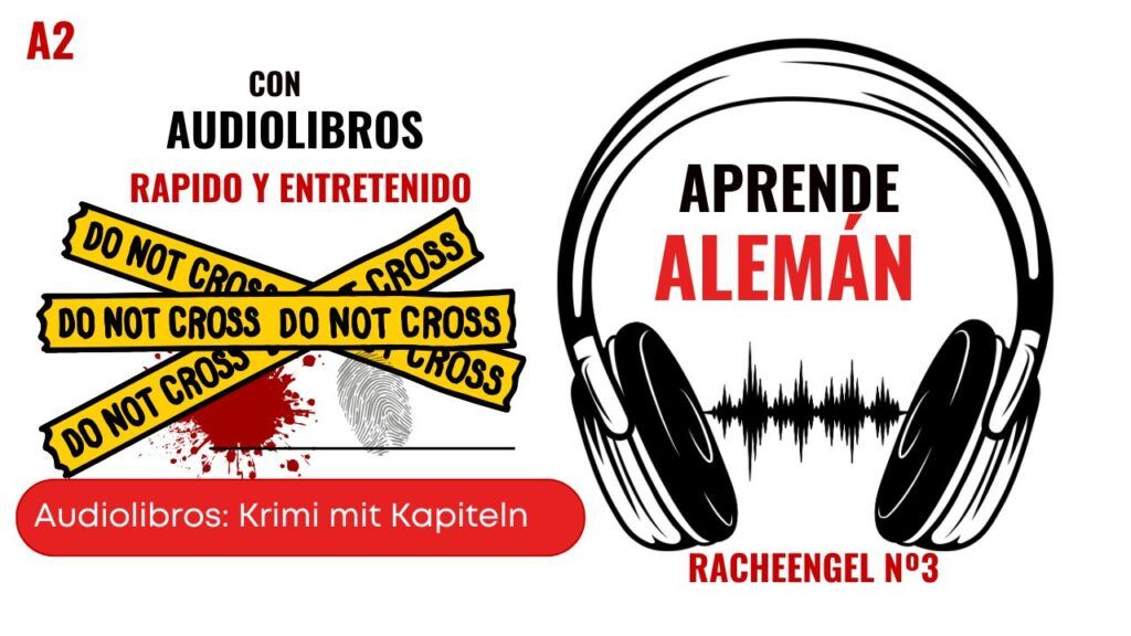escenario de un crimen y un auricular con texto aprende alemán