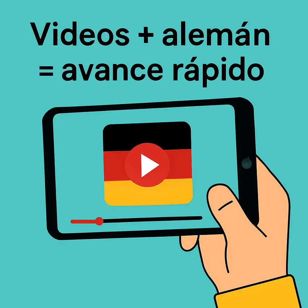 movil con play y bandera alemana con textos de alemán más rápido