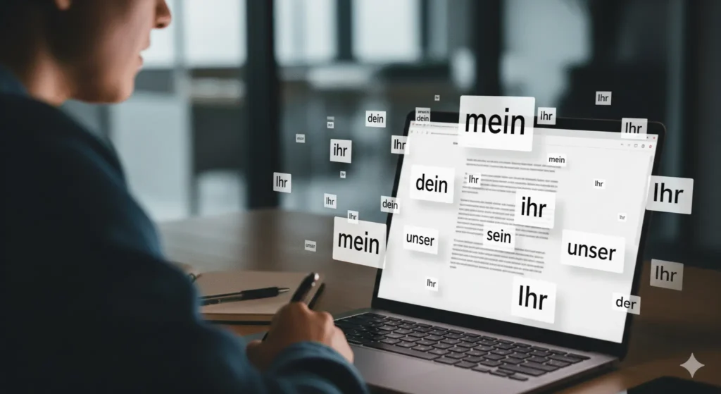 portatil con trozos de palabras digitales de pronombres posesivos