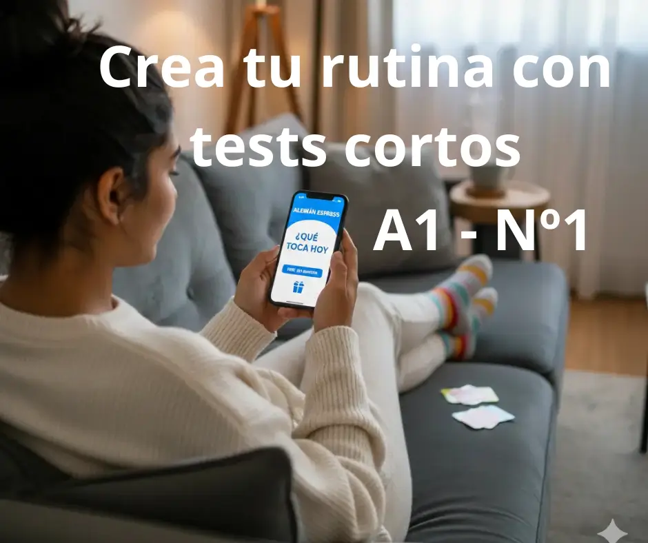 mujer en sofa en la mano un móvil para hacer test cortos en alemán
