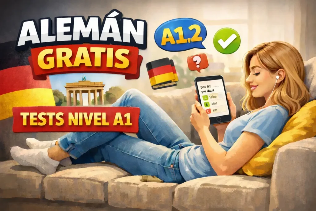 mujer con tablet en un sofa haciendo un test en alemán