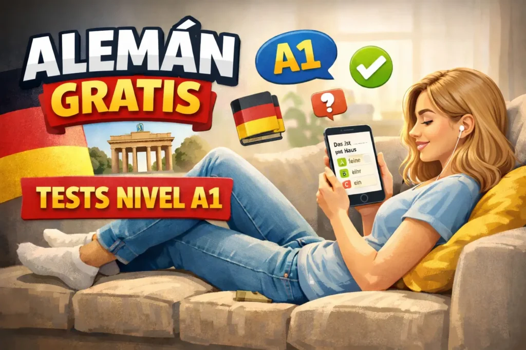 mujer con tablet en el sofa con alemán gratis