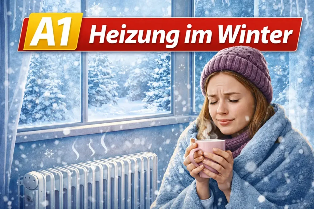 A1 Heizung im Winter, mujer con manta y taza caliente frente a radiador, aprender alemán A1 con audios