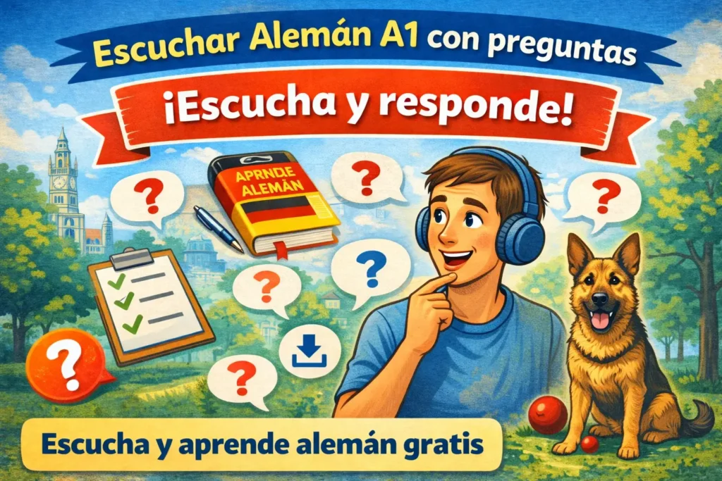 Hombre con auriculares jugando con un perro en el parque, escuchar Alemán A1 con preguntas