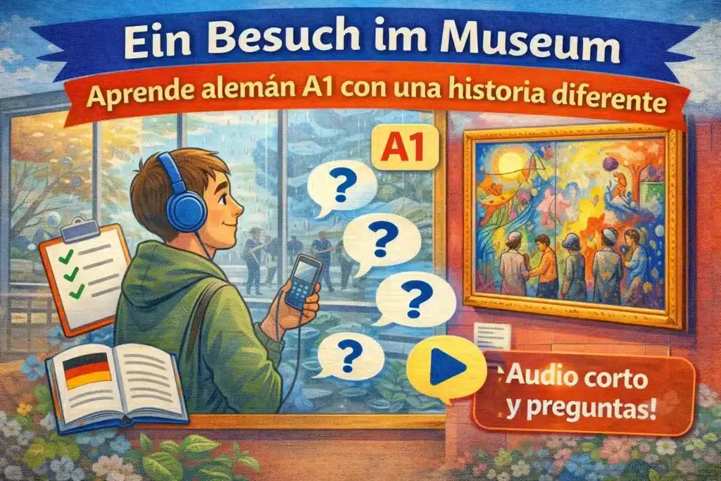 Hombre con audioguía observando un cuadro en el museo, audio corto en alemán A1 con preguntas