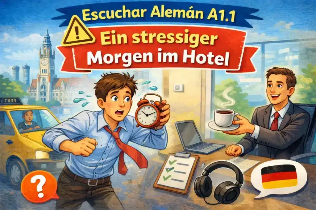 Hombre estresado en hotel con despertador y taxi en Múnich, audio alemán A1.1 para practicar comprensión